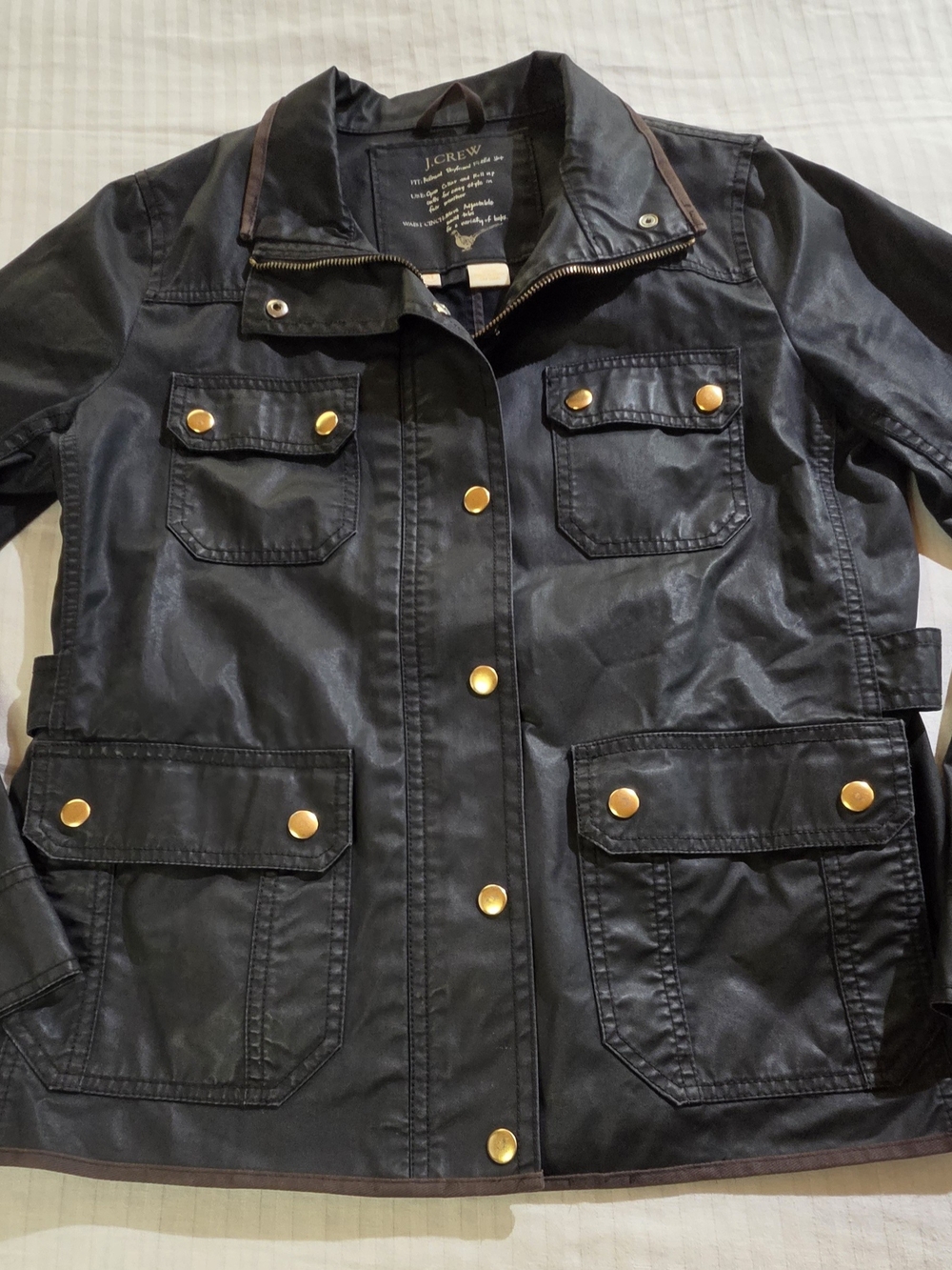 J Crew Waxed Cotton Utility Field Jacket Black Full Zip Pockets Womens Sz M NWT